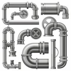A collection of modern illustrations of realistic metal pipes of various sizes, shapes, and lengths