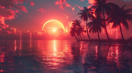 An abstract design in retro wave art style with sunset colors, creating a nostalgic feel. The vibrant gradient of oranges, pinks, and purples is complemented by a neon grid and silhouetted palm trees