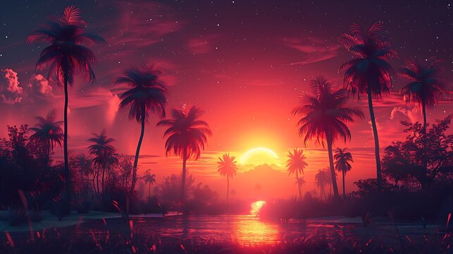 An abstract design in retro wave art style with sunset colors, creating a nostalgic feel. The vibrant gradient of oranges, pinks, and purples is complemented by a neon grid and silhouetted palm trees