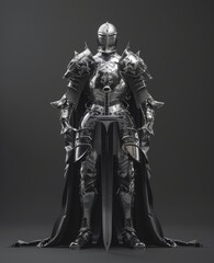 Fototapeta premium 3D illustration of a battle knight carrying a heavy sword and wearing metal armour.