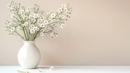  Elegant vase with delicate white flowers on a minimalist background. Copy space. Generative AI	