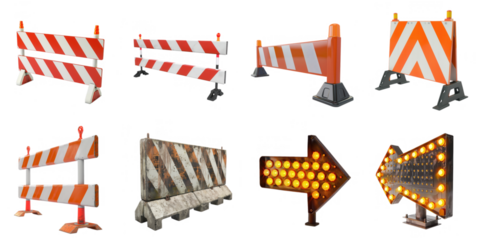 Traffic barrier and barricade png collection in 3d transparent for product presentation.