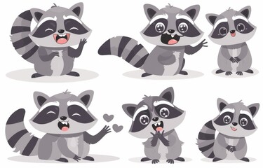 In this flat modern illustration, the raccoon is shown in a variety of poses with a variety of emotions