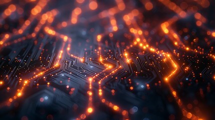 Fototapeta premium An abstract design of a grid with integrated circuit board lines, highlighting technology and connectivity. The intricate circuit patterns and glowing lines create a dynamic and modern scene