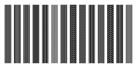 Tire tracks, wheel braking marks. Truck, car or motorcycle tread pattern silhouettes. Auto race, motorsport, speed racing design element. Vector illustration