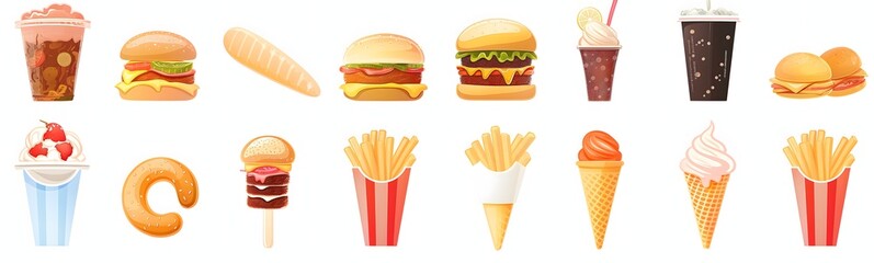 2. Create a diverse collection of transparent PNG icons representing fast food and street food staples such as fries, sandwiches, kebabs, and ice cream cones. Design these icons to seamlessly convert