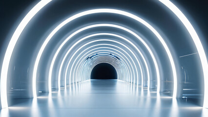  White background 3D room light abstract space technology tunnel stage floor. Empty white future 3D neon background studio futuristic corridor render modern interior silver road black wall design gray