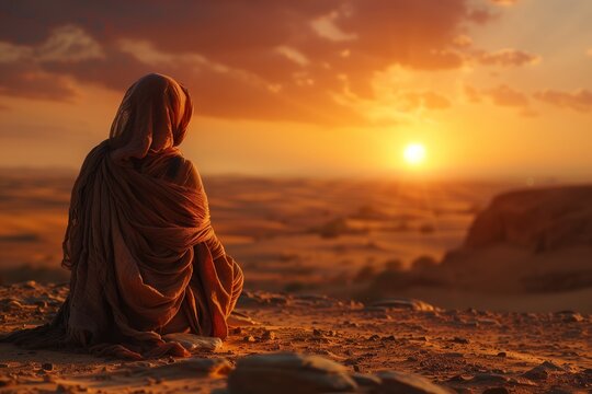 Desolate Scene: Hagar Weeps in Desert at Sunset