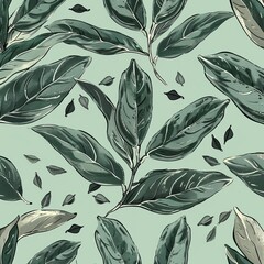 Hand drawn modern seamless pattern with branch of bay leaf with corns and peppers, sketch illustration of fragrant bay leaf
