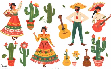 Naklejka premium A flat style set of Mexican men and women wearing traditional clothing