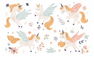 Obraz premium Cartoon flat modern illustration featuring horses, unicorns, and pegasus.