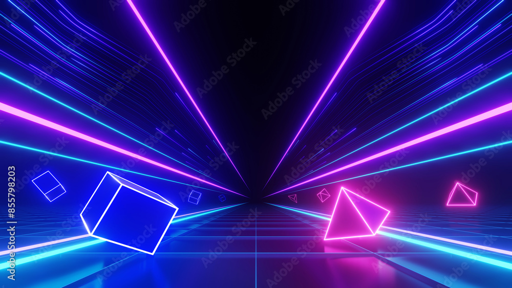 Poster 3d render, abstract futuristic speed neon light trail with floating cube and triangle on dark backgr