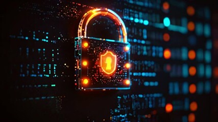 A glowing orange padlock icon with a glowing orange shield in the center is in front of a dark blue background with many tiny glowing blue and orange dots.