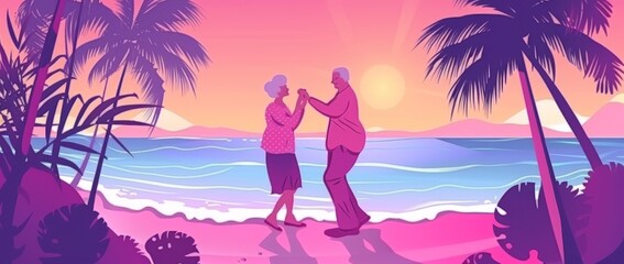 Couple dancing at sunset on a beach - modern illustration.