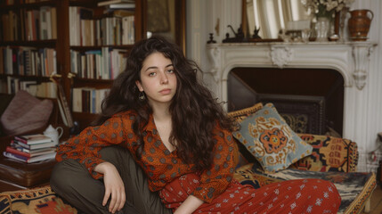 Fototapeta premium A woman in a red dress sits on a couch in front of a fireplace