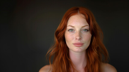 Fototapeta premium A woman with red hair and green eyes is standing in front of a black background
