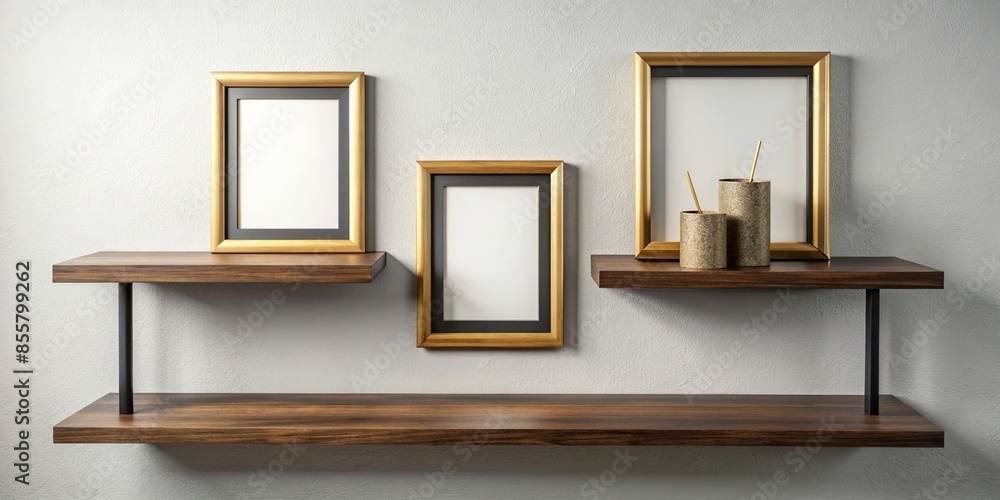Wall mural Stained wood floating shelf with black and gold frames , decor, interior design, home decor, modern - Wall murals