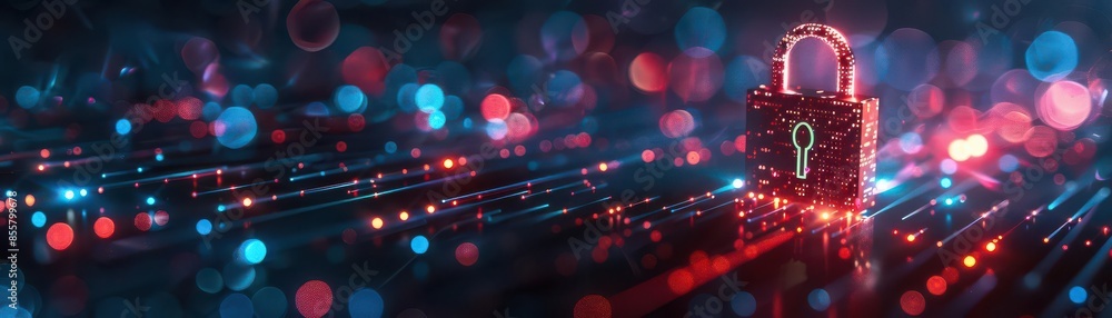 Poster a secure padlock at the heart of a cyber network illustrated with intense red and blue light streams