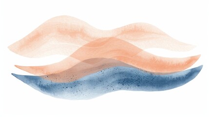 Fototapeta premium Abstract watercolor painting featuring layered waves in shades of blue and peach, creating a calm and serene composition.