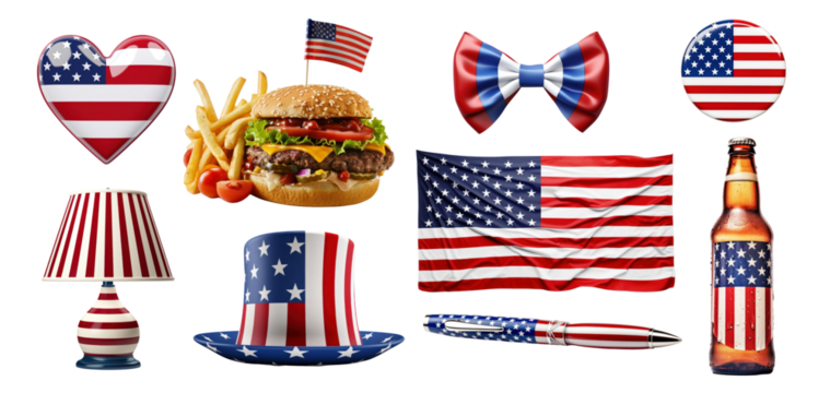 Realistic American flag printed on objects set
