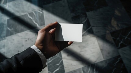 Naklejka premium Suit hand holding business card mockup in sunlit marble-tiled setting. Businesscard template advertising image. Elegance of personal branding. Professional mock up product photorealistic