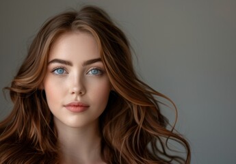 Fototapeta premium A brunette girl with long, shiny wavy hair. Gorgeous model with curly hair.
