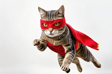 Funny superhero cat in a red cape and a superhero mask on a white background
