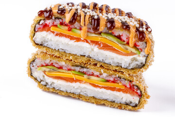 Homemade asian style gluten free sushi salmon burger close-up . Horizontal