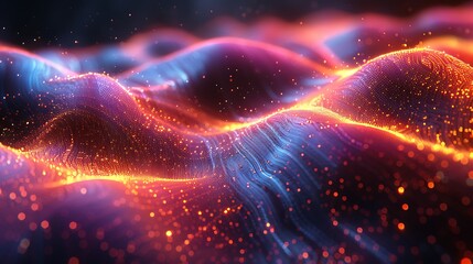 Fototapeta premium An abstract view of sinusoidal lines made of glowing particles in a particle physics simulation. The lines form fluid wave patterns with vibrant, dynamic colors against a dark backdrop