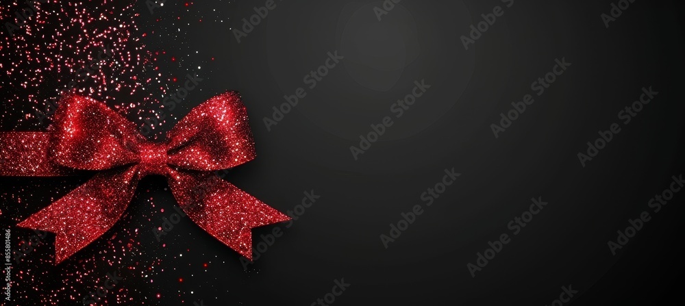 Poster greetings card with red ribbon bow on a black shiny texture with vibrant colors and blank copy space