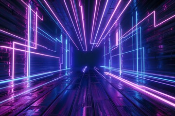 Fototapeta premium 3D render, abstract background with neon glowing lines in blue and purple colors on black