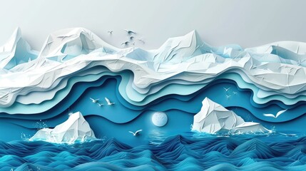 Climate change impact in paper cutout art style, with melting glaciers and rising sea levels flooding coastal areas.