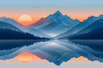 A majestic mountain range at sunrise, shades of blue and orange blending seamlessly, serene lake reflecting the scene, crisp shapes and smooth gradients