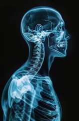 Xray of the human body, with visible bones and spine in blue color on black background. 
