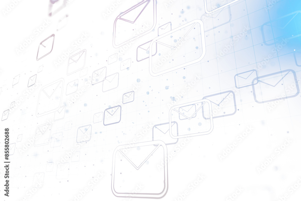 Poster floating stylized email envelopes on a digital grid background, illustrating the concept of online c