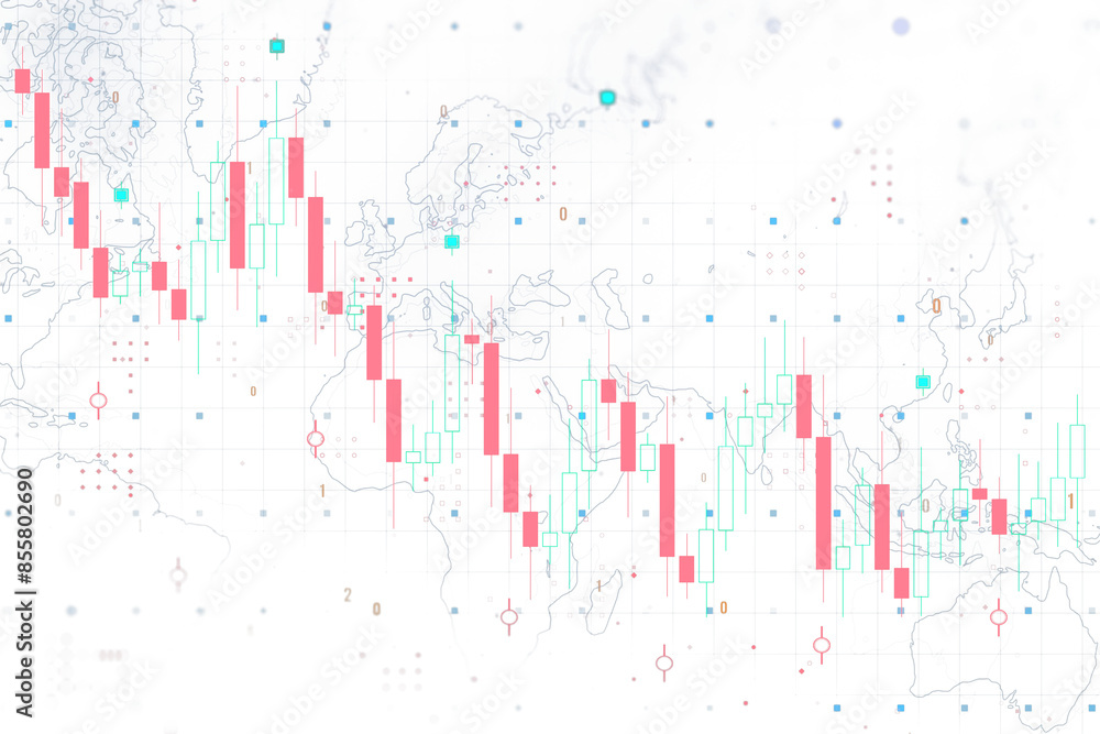 Poster An abstract financial chart overlaid on a map, featuring candlesticks, line graphs, and various markers in a light graphic style on a white background, representing data analysis