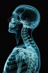 Xray of the human body, with visible bones and spine in blue color on black background. 