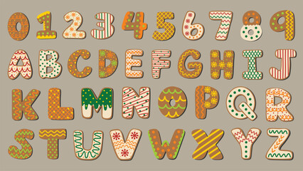 Gingerbread cookie alphabet letters and numbers set. Hand lettered Christmas font. Hand drawn vector illustrations.