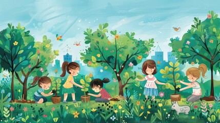 Artwork of children planting trees in a community park, symbolizing reforestation and environmental education.