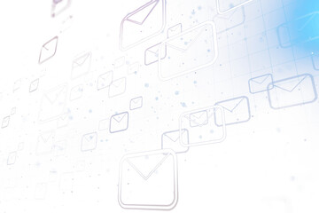 Floating stylized email envelopes on a digital grid background, illustrating the concept of online communication