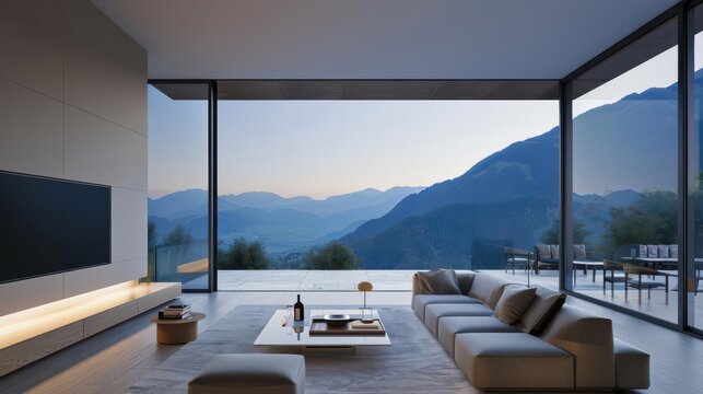 A modern living room at dusk