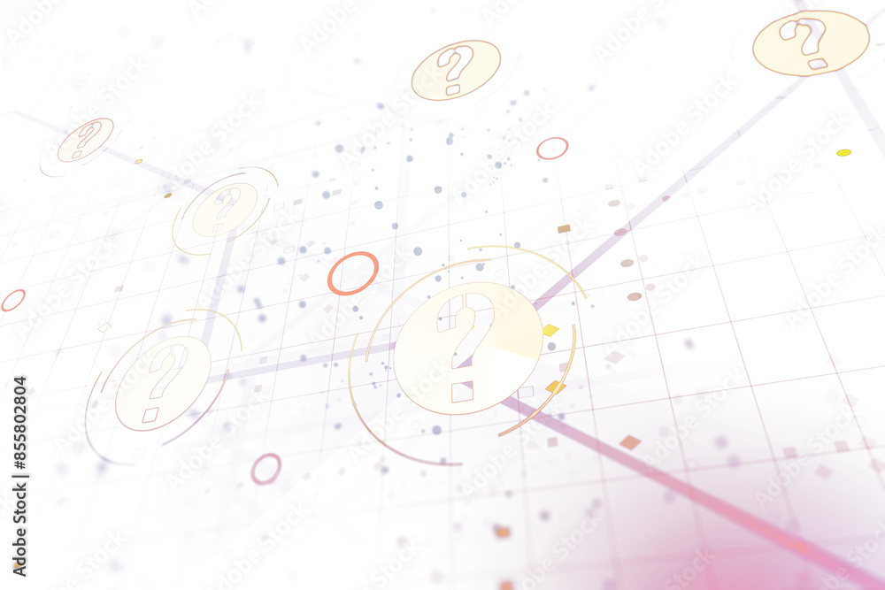 Aufkleber Abstract design of floating question marks with geometric shapes on a gradient pink and white background, representing the concept of inquiry