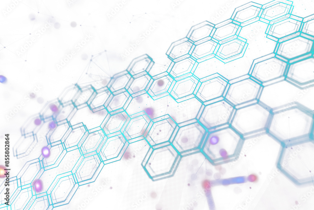 Poster Abstract image showing hexagonal shapes resembling molecular structure, in a digital illustration style, with a white and blue background, concept of science