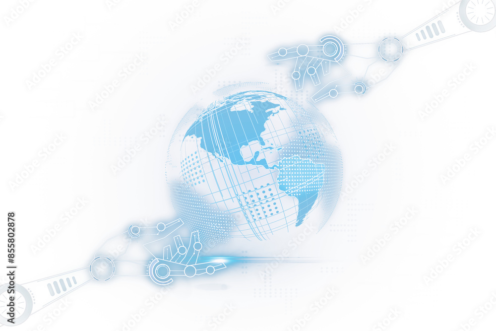 Aufkleber An abstract digital concept with a robotic arm and a stylized globe on a white and light blue background