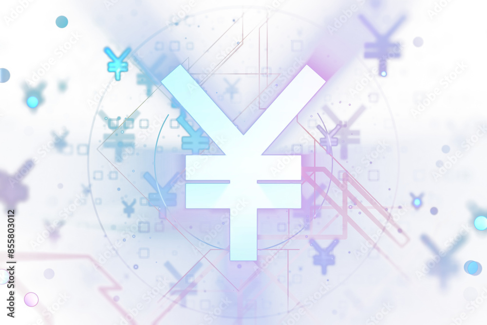 Poster a stylized yen currency symbol with geometric shapes and elements on a soft blurred background, conc