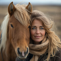 Fototapeta premium Frau mit Islandpony in Island
