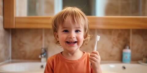 A smiling young boy holds a toothbrush, indicating a routine dental hygiene practice in his daily life.