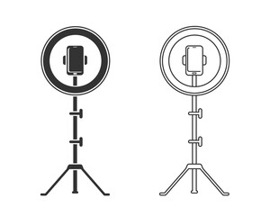 Obraz premium Cutout silhouette Led ring lamp line icon on tripod with smartphone. Outline icon. Black simple illustration of light for selfie, blogger. Flat isolated vector