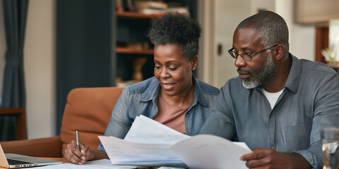 An elderly couple sits at home, discussing financial planning and reviewing important tax documents together.