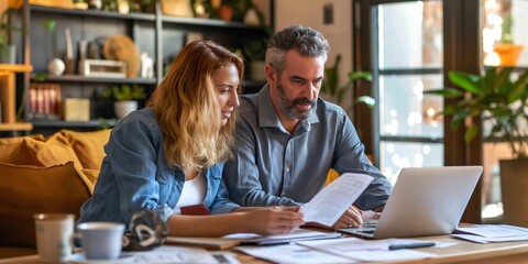 A couple reviews financial documents at home, discussing bills and budget planning together on a laptop.